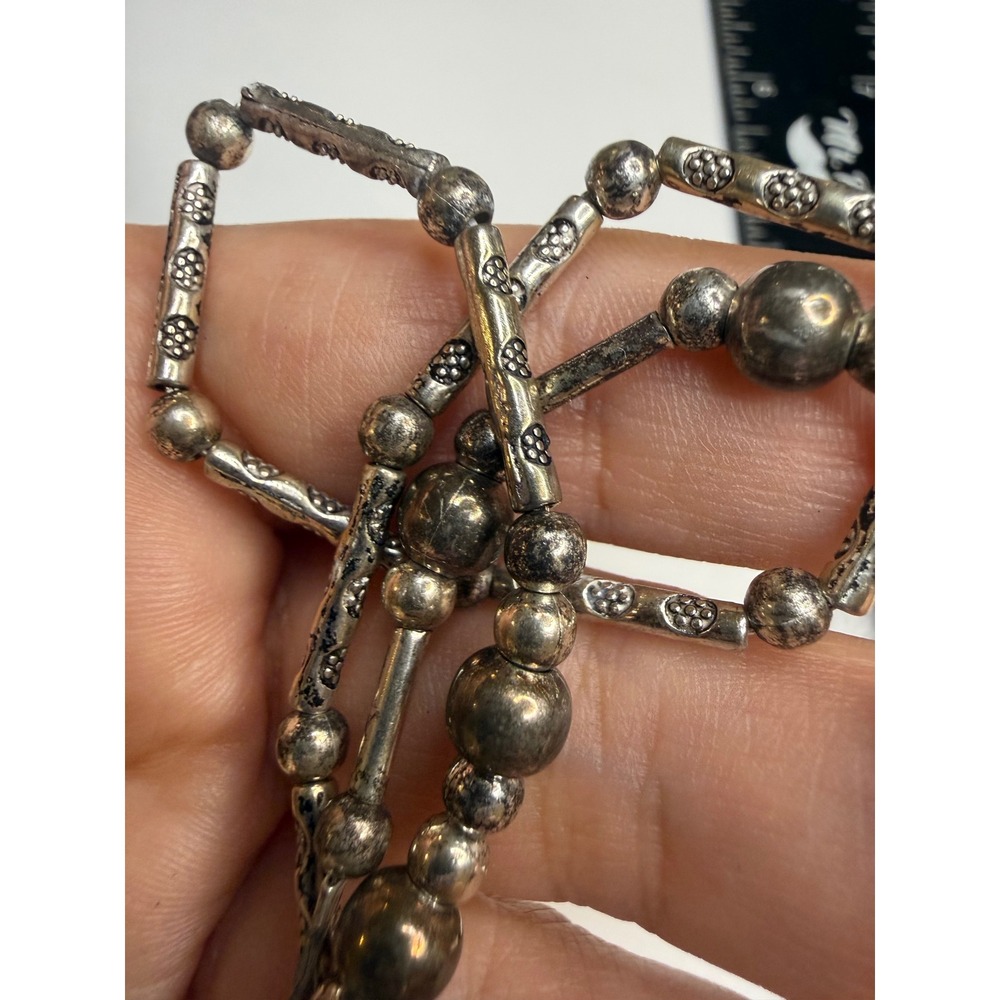 Silver Tone Floral Stamped Bar and Ball Bead Necklace 17 Inch Lobster Clasp